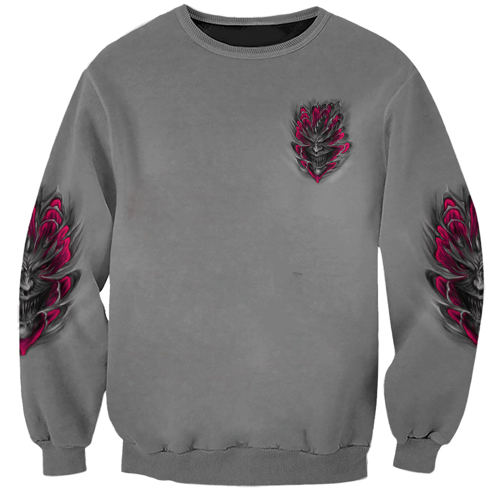 Gray unisex sweatshirt with small chest skull demon graphic and red-black sleeve flames