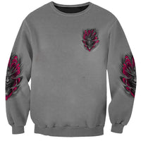 Gray unisex sweatshirt with small chest skull demon graphic and red-black sleeve flames