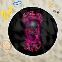 Round beach blanket, black with neon pink skull text graphic and white fringe border