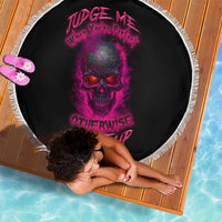 Round beach blanket, black with neon purple skull graphic and white fringe edge