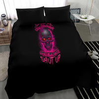 Black comforter with two matching pillows featuring pink skull and text graphic