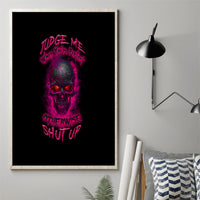 Framed canvas wall art with skull graphic and pink lettering on black background