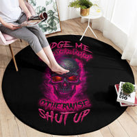 Black round carpet with purple skull graphic and neon text, anti-slip style