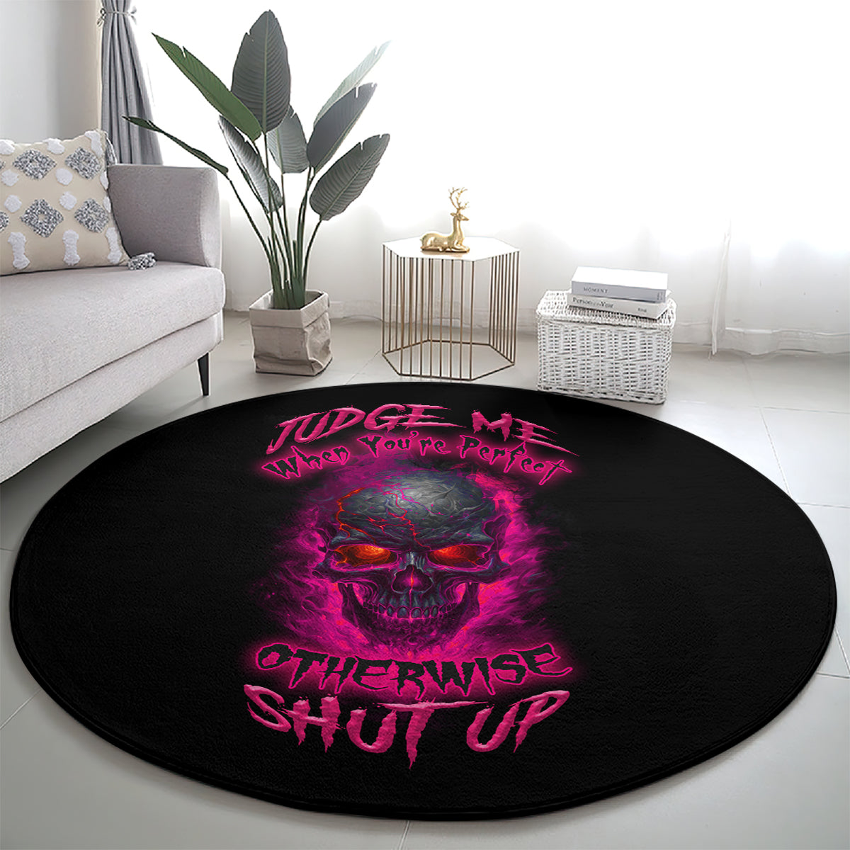 Round black carpet with centered purple skull artwork and “Otherwise shut up” text