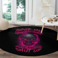 Black round carpet with purple skull and neon lettering, graphic centered