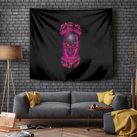 Black wall tapestry with purple skull and bold text, shown hanging on a brick wall