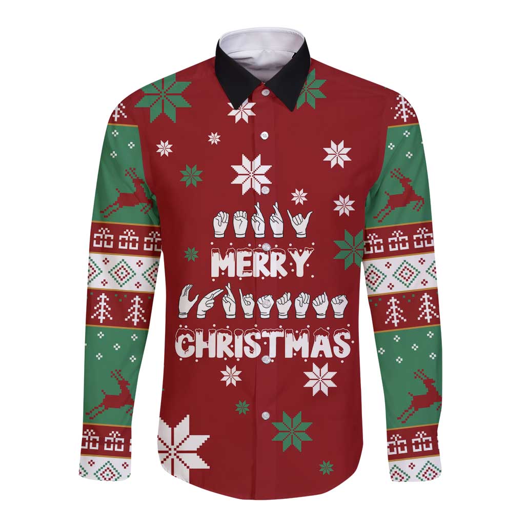 Sign Language Merry Christmas Long Sleeve Button Shirt Xmas Holiday Patterns - Wonder Print Shop