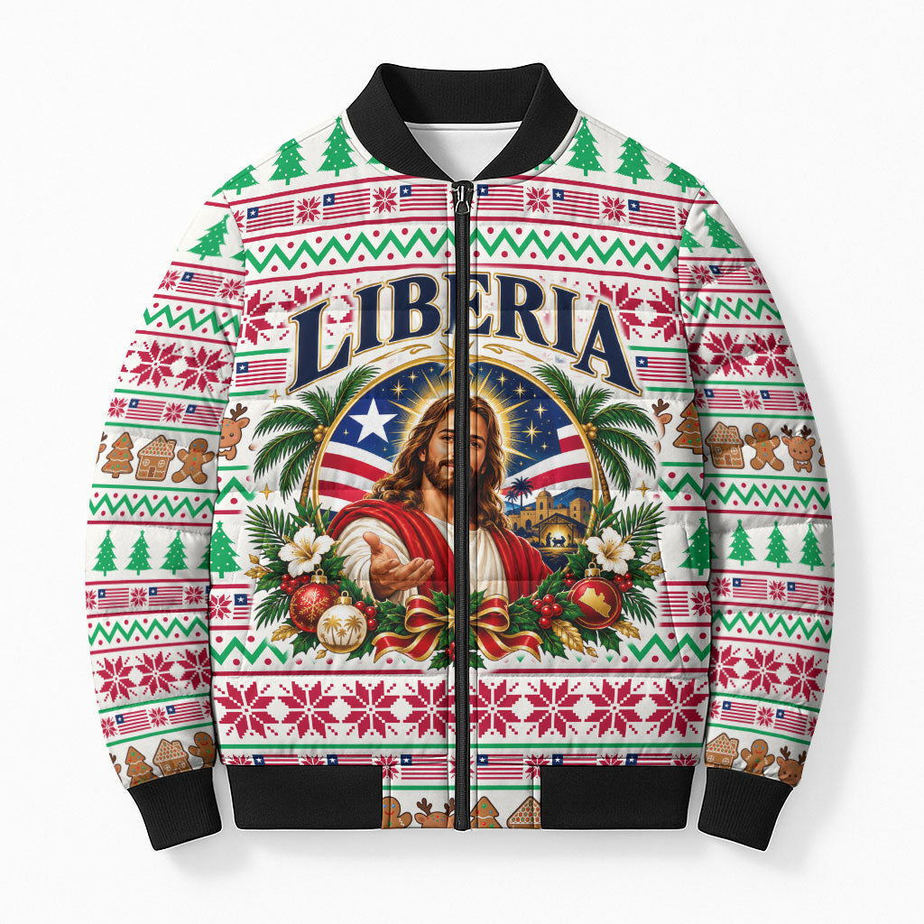 Liberia Jesus Christmas Bomber Puffer Jacket Vintage Patriotic Religious