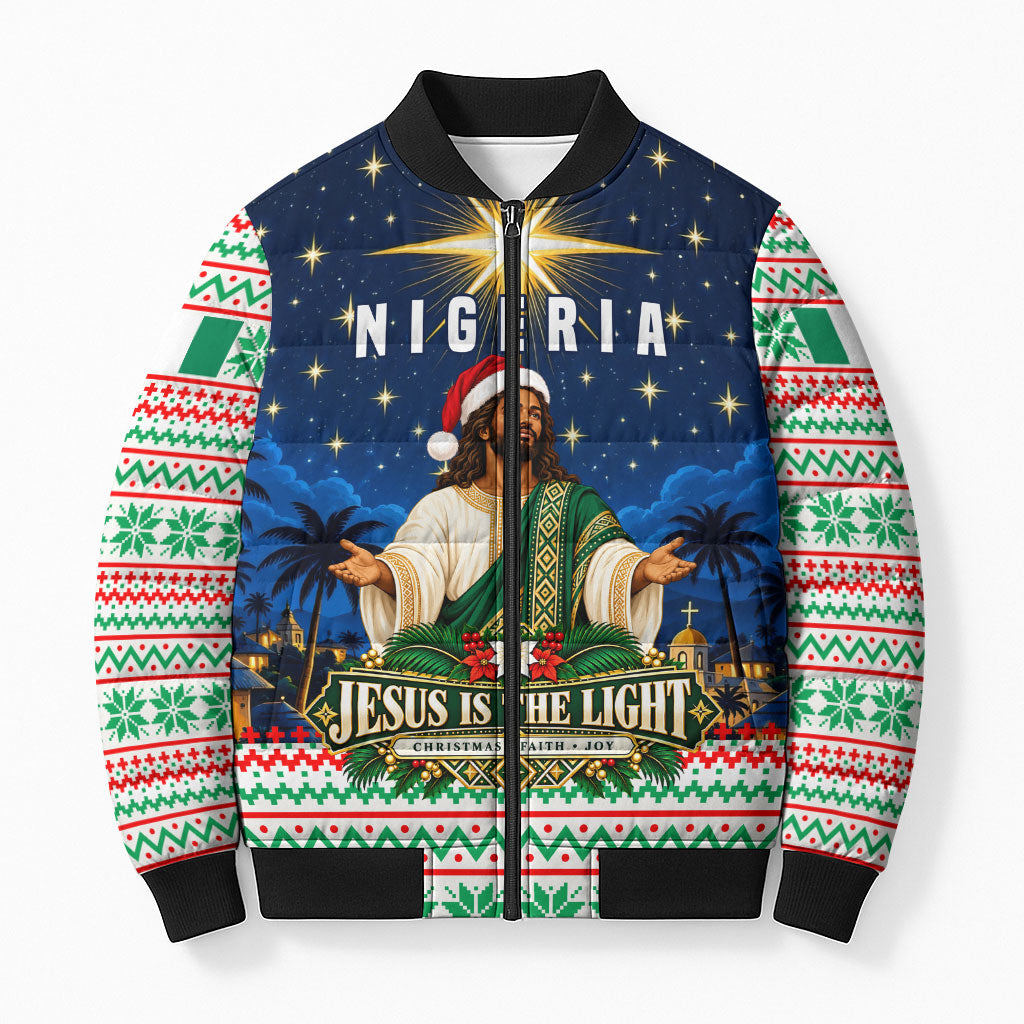 Nigeria Jesus Christmas Faith Light Bomber Puffer Jacket Nigerian Flag Christmas Nativity Scene