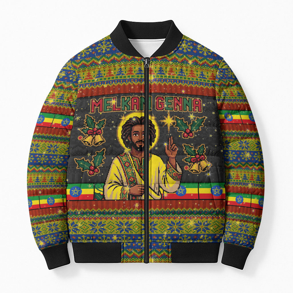 Ethiopian Melkam Genna Jesus Christmas Bomber Puffer Jacket Melkam Genna Ethiopian Flag Jesus Christ