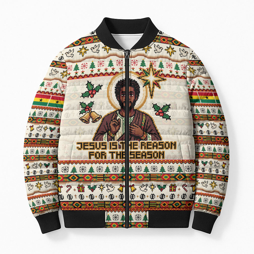Ghana Jesus Christmas Bomber Puffer Jacket Ghana Coat Of Arms Jesus Christ Art