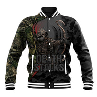 Personalized Death Stalks Bowhunting Deer Skull Baseball Jacket Grim Reaper Bow Hunter Camo Crossfire Target Art