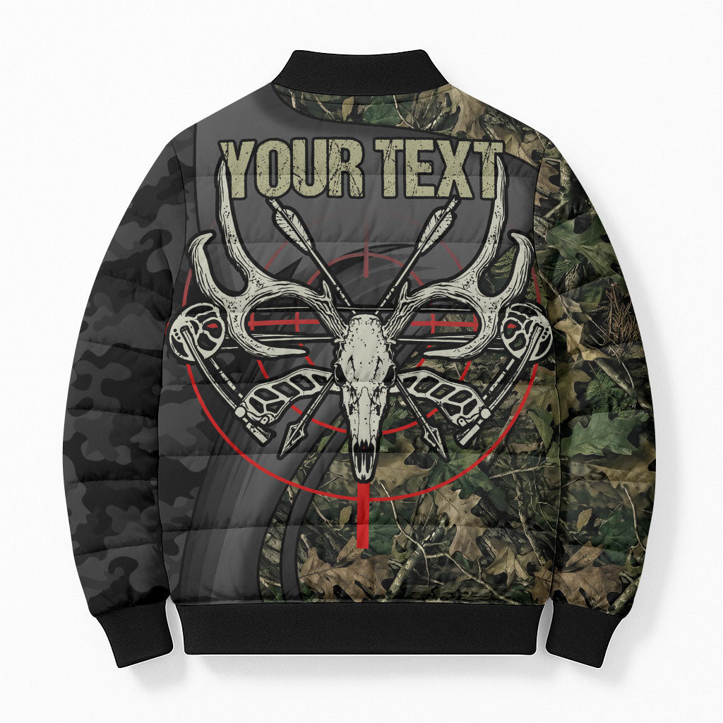 Personalized Death Stalks Bowhunting Deer Skull Bomber Puffer Jacket Grim Reaper Bow Hunter Camo Crossfire Target Art