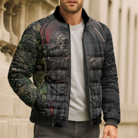 Personalized Death Stalks Bowhunting Deer Skull Bomber Puffer Jacket Grim Reaper Bow Hunter Camo Crossfire Target Art