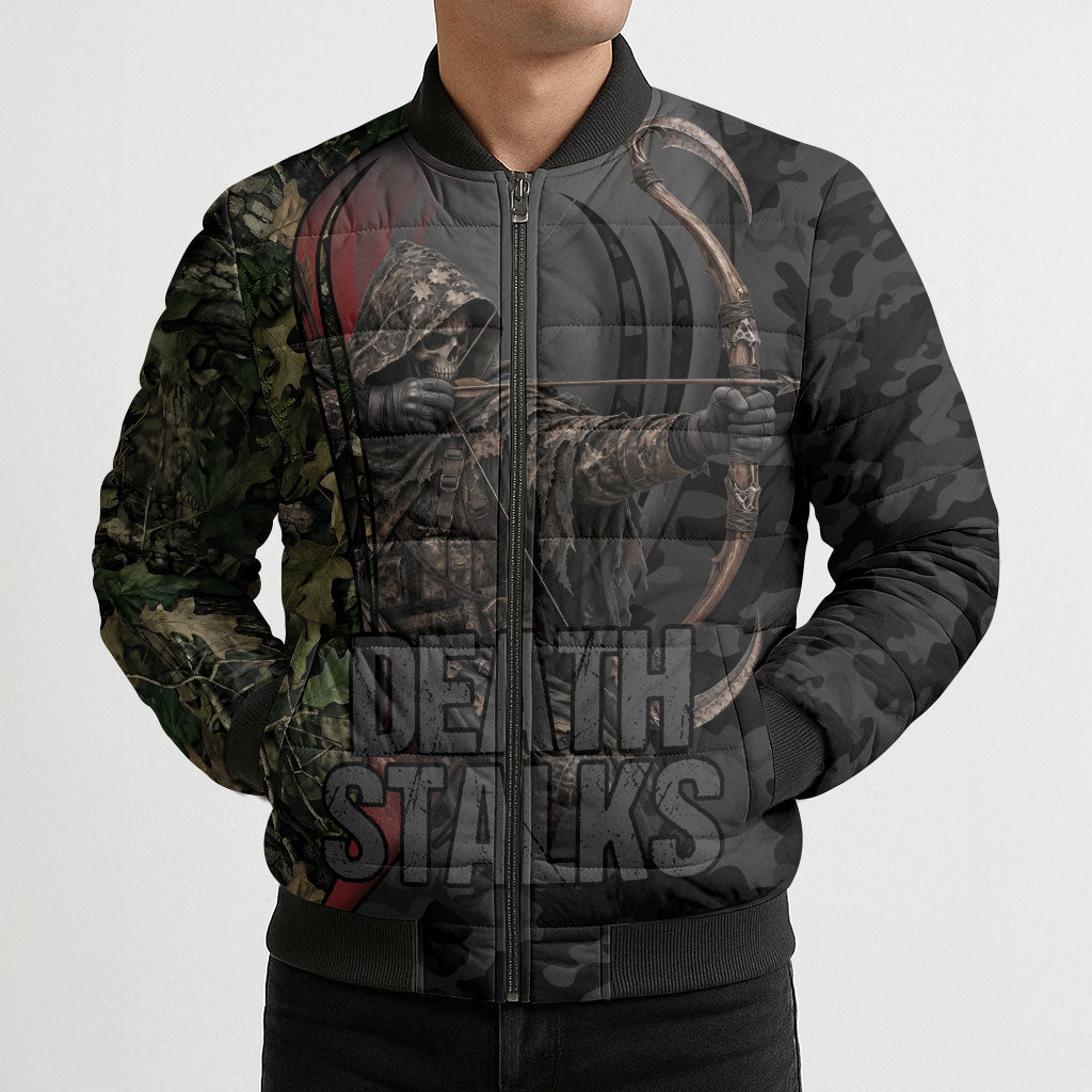 Personalized Death Stalks Bowhunting Deer Skull Bomber Puffer Jacket Grim Reaper Bow Hunter Camo Crossfire Target Art