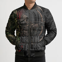 Personalized Death Stalks Bowhunting Deer Skull Bomber Puffer Jacket Grim Reaper Bow Hunter Camo Crossfire Target Art