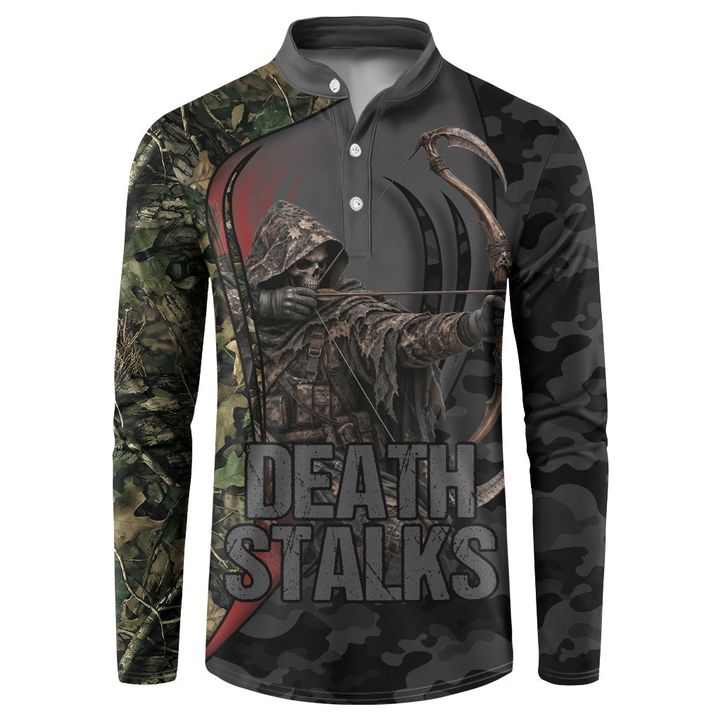 Personalized Death Stalks Bowhunting Deer Skull Button Sweatshirt Grim Reaper Bow Hunter Camo Crossfire Target Art