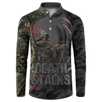 Personalized Death Stalks Bowhunting Deer Skull Button Sweatshirt Grim Reaper Bow Hunter Camo Crossfire Target Art