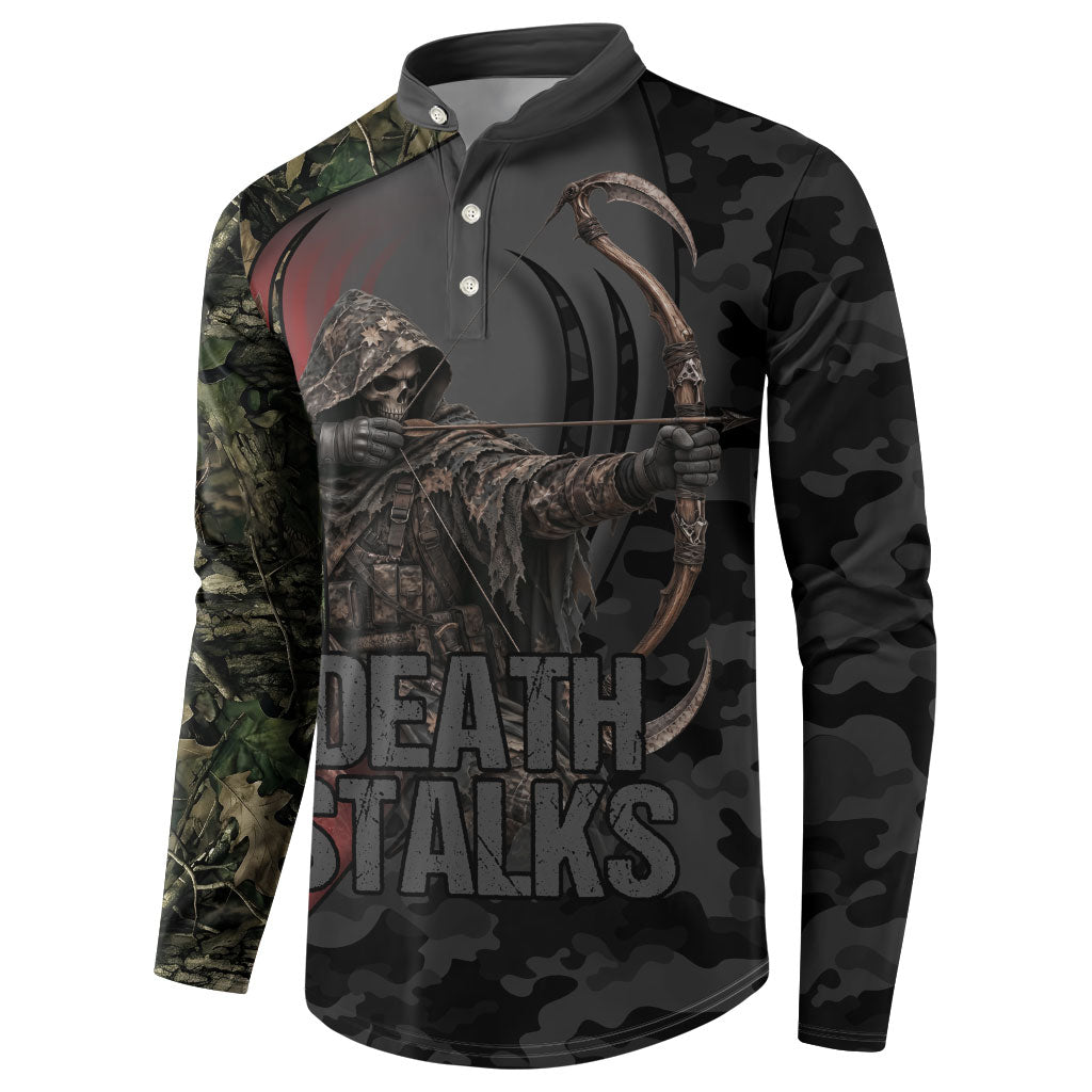 Personalized Death Stalks Bowhunting Deer Skull Button Sweatshirt Grim Reaper Bow Hunter Camo Crossfire Target Art