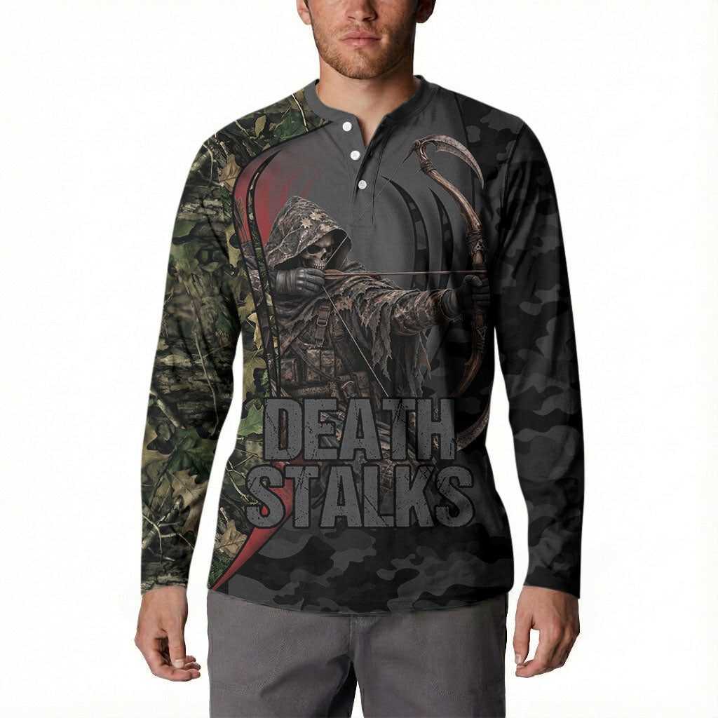 Personalized Death Stalks Bowhunting Deer Skull Button Sweatshirt Grim Reaper Bow Hunter Camo Crossfire Target Art