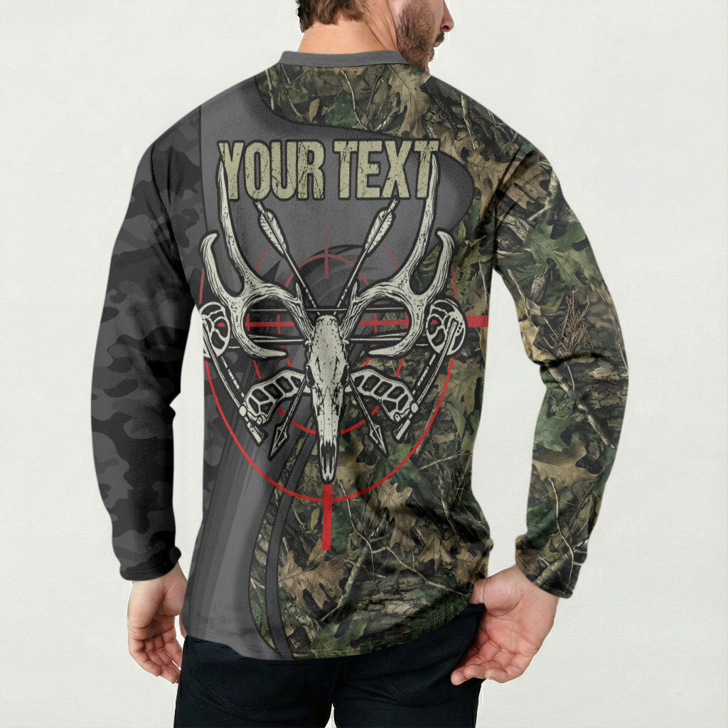 Personalized Death Stalks Bowhunting Deer Skull Button Sweatshirt Grim Reaper Bow Hunter Camo Crossfire Target Art