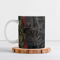 Personalized Death Stalks Bowhunting Deer Skull Ceramic Mug Grim Reaper Bow Hunter Camo Crossfire Target Art