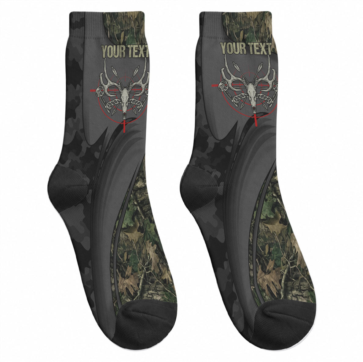 Personalized Death Stalks Bowhunting Deer Skull Crew Socks Grim Reaper Bow Hunter Camo Crossfire Target Art