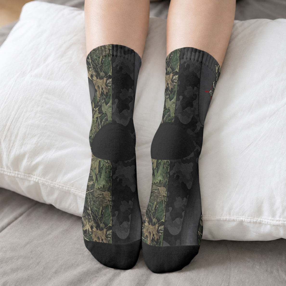 Personalized Death Stalks Bowhunting Deer Skull Crew Socks Grim Reaper Bow Hunter Camo Crossfire Target Art