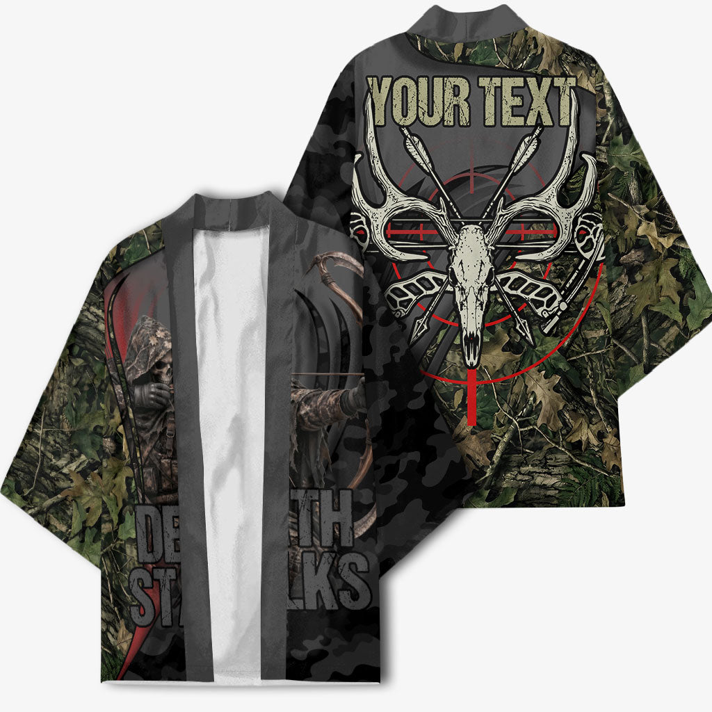 Personalized Death Stalks Bowhunting Deer Skull Kimono Grim Reaper Bow Hunter Camo Crossfire Target Art