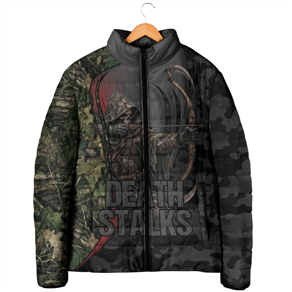 Personalized Death Stalks Bowhunting Deer Skull Padded Jacket Grim Reaper Bow Hunter Camo Crossfire Target Art