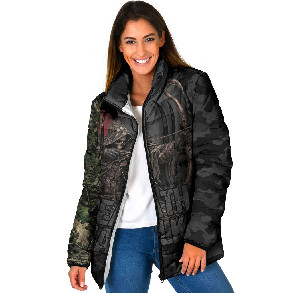 Personalized Death Stalks Bowhunting Deer Skull Padded Jacket Grim Reaper Bow Hunter Camo Crossfire Target Art