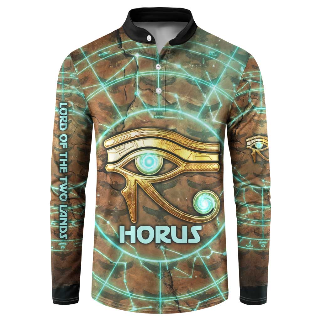 Horus Eye of Ra Button Sweatshirt Golden Falcon Ancient Egyptian Symbol in Futuristic