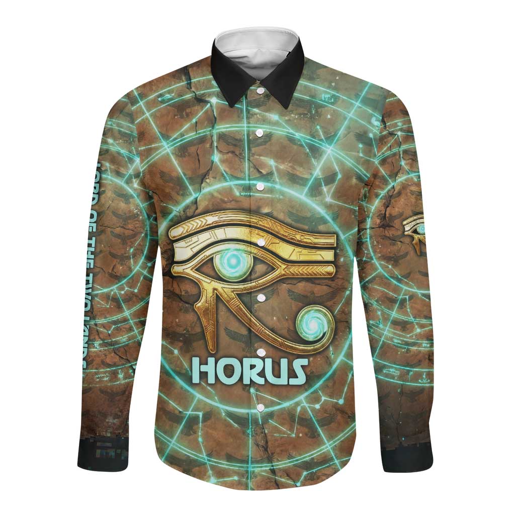 Horus Eye of Ra Long Sleeve Button Shirt Golden Falcon Ancient Egyptian Symbol in Futuristic