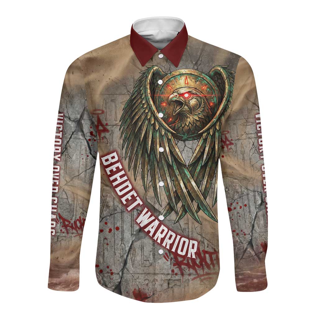Horus Behdety Warrior Long Sleeve Button Shirt with Falcon Mask and Spear Ancient Egyptian Combat