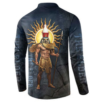 Heru-Ur Falcon Eyes Button Sweatshirt Solar Disk Ancient Egyptian Mythology in Dark Stone
