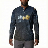 Heru-Ur Falcon Eyes Button Sweatshirt Solar Disk Ancient Egyptian Mythology in Dark Stone
