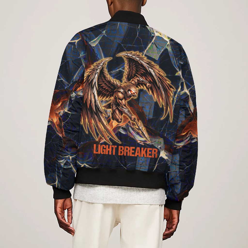 Heru-Ur Bomber Jacket Flaming Wings and Sword Ancient Egyptian Warrior