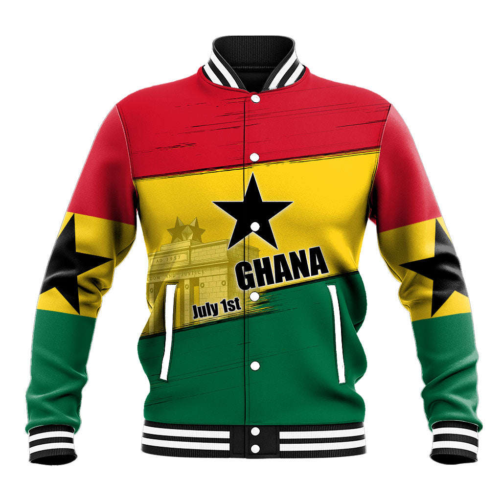 Ghana Republic Day Baseball Jacket Ghanaian Pride Flag Colors With Coat Of Arms And Black Star