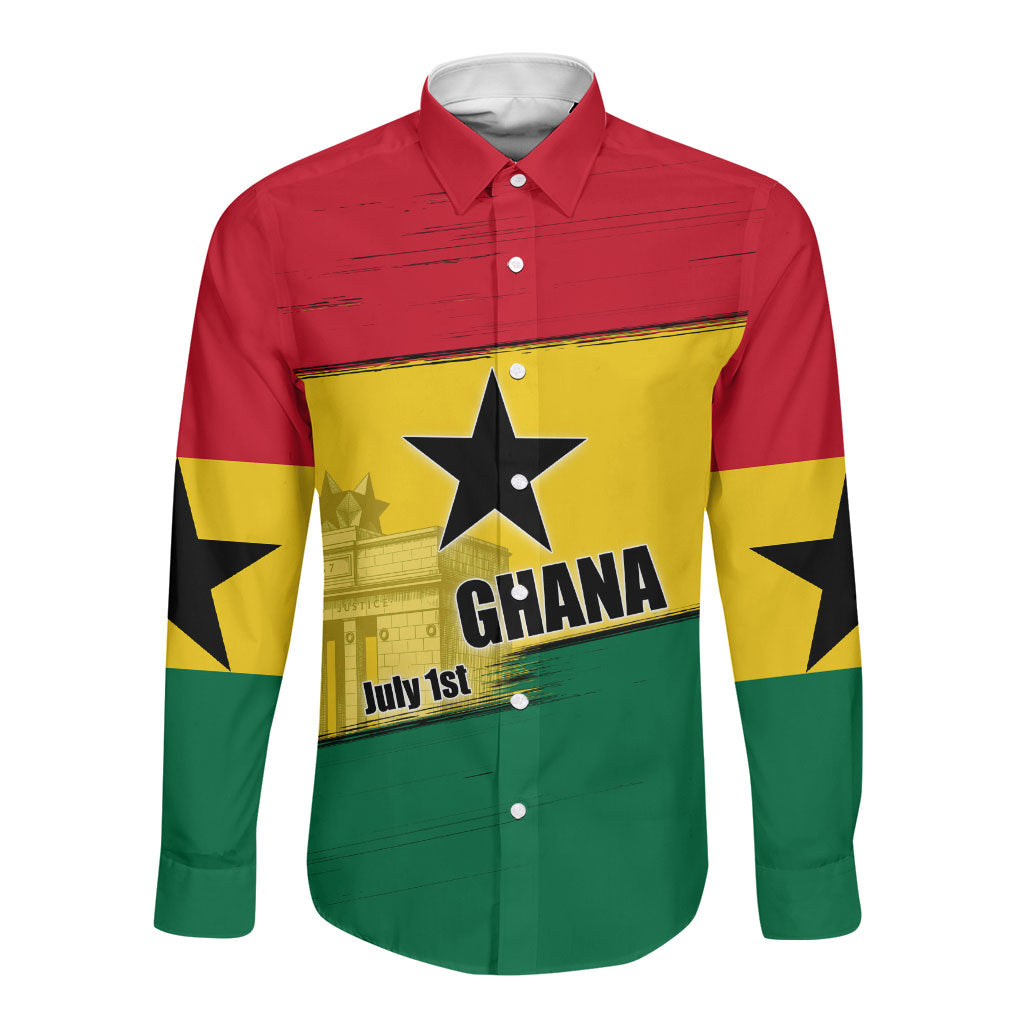 Ghana Republic Day Long Sleeve Button Shirt Ghanaian Pride Flag Colors With Coat Of Arms And Black Star