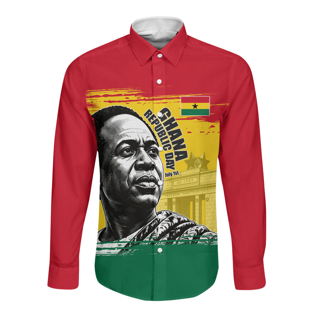 Personalized Ghana Republic Day Long Sleeve Button Shirt Kwame Nkrumah Vintage Portrait Art - July 1st Theme