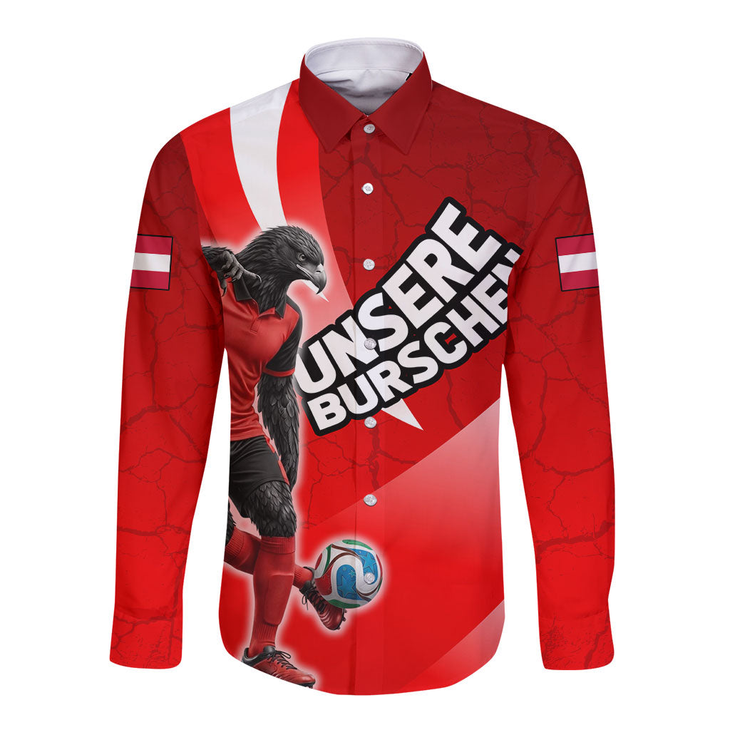 Personalized Austria Football Unsere Burschen Long Sleeve Button Shirt Eagle Mascot Patriotic Wave Grunge