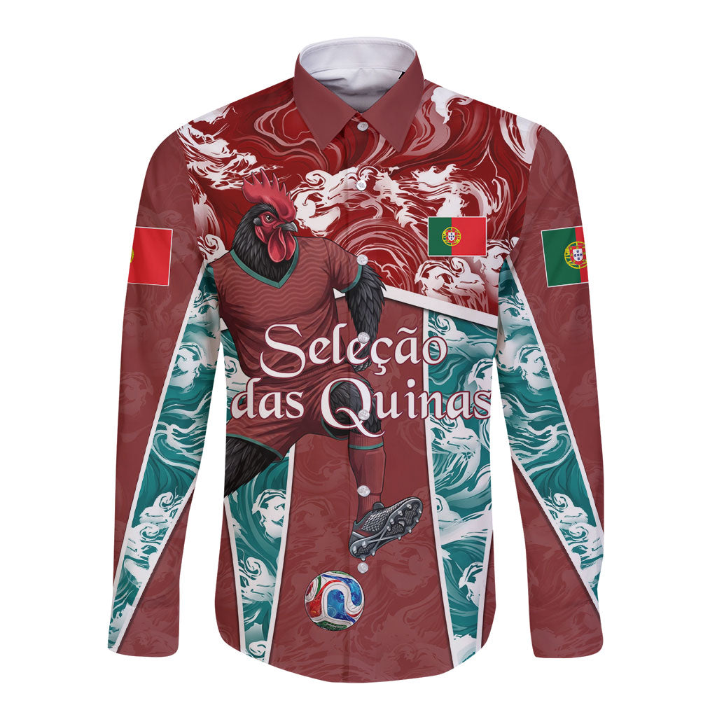 Personalized Portugal Football Long Sleeve Button Shirt Selecao das Quinas Rooster Mascot Ornate Marble Swirl