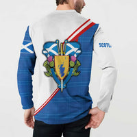 Scotland Blue Tartan Button Sweatshirt with Crest and Saltire Shield Design - Wonder Print Shop