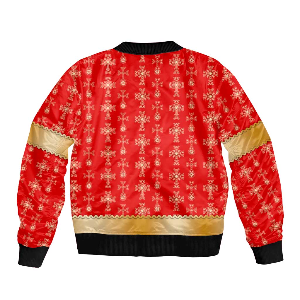 Armenian Traditional Red Bomber Jacket with Gold Cross Pattern and Flag Crest - Wonder Print Shop