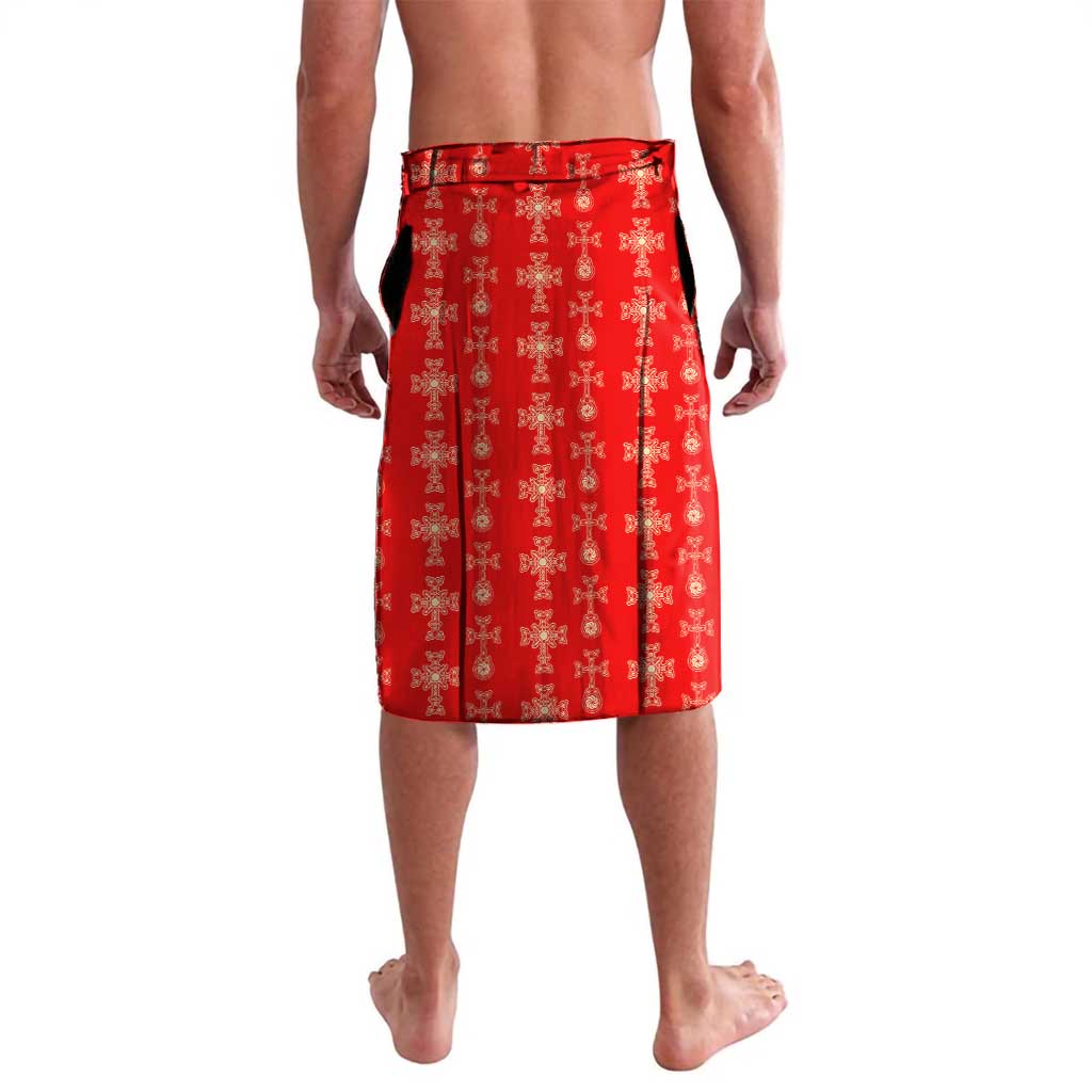 Armenian Traditional Red Lavalava with Gold Cross Pattern and Flag Crest - Wonder Print Shop