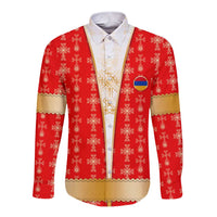 Red long-sleeve button shirt with gold cross pattern and chest crest patch