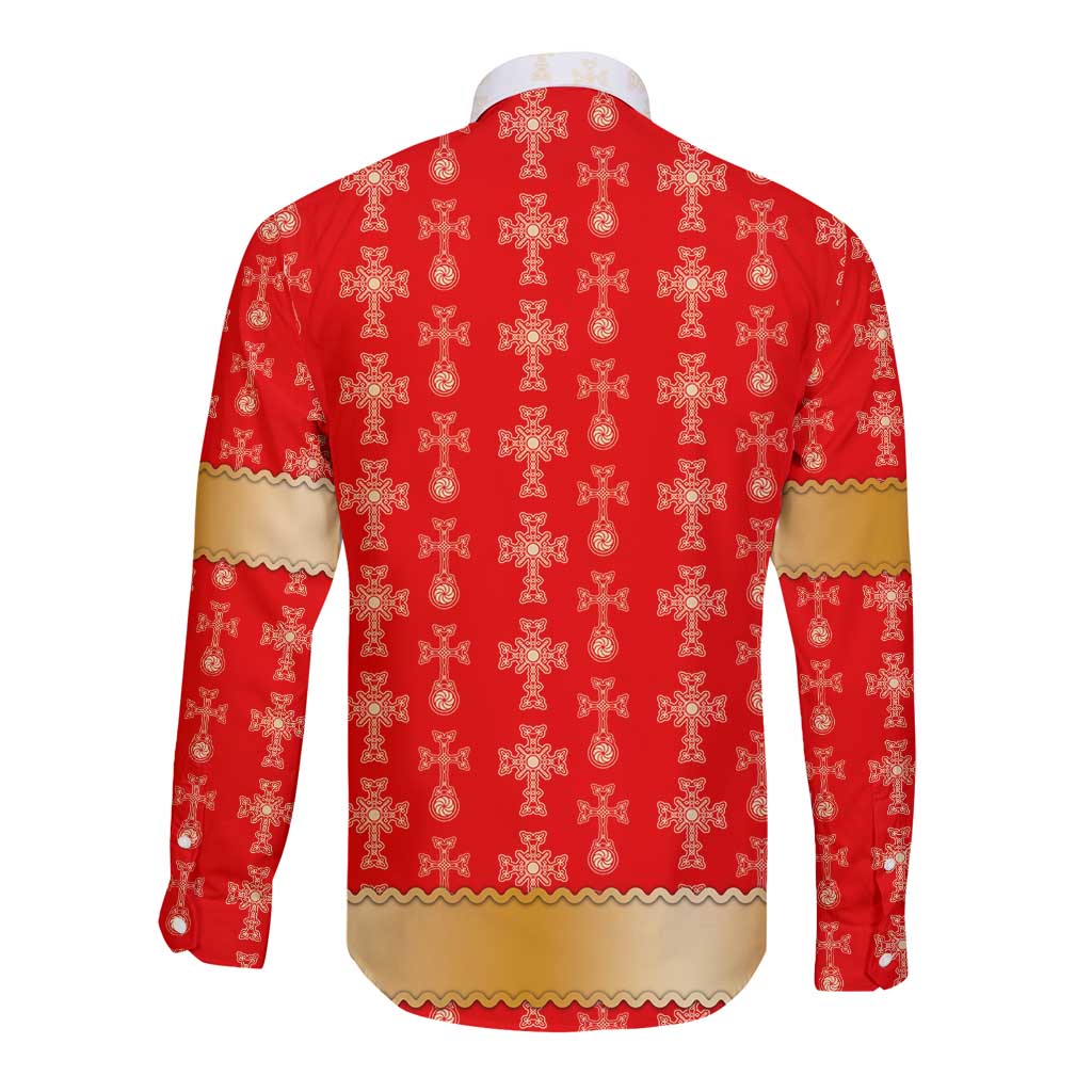 Red long-sleeve button shirt with repeating gold cross pattern, back view