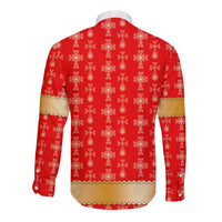 Red long-sleeve button shirt with repeating gold cross pattern, back view