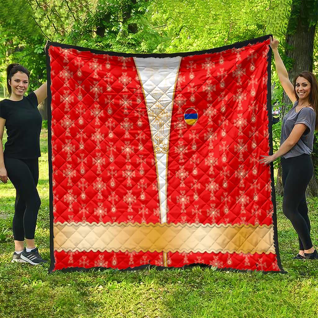 Armenian Traditional Red Quilt with Gold Cross Pattern and Flag Crest - Wonder Print Shop