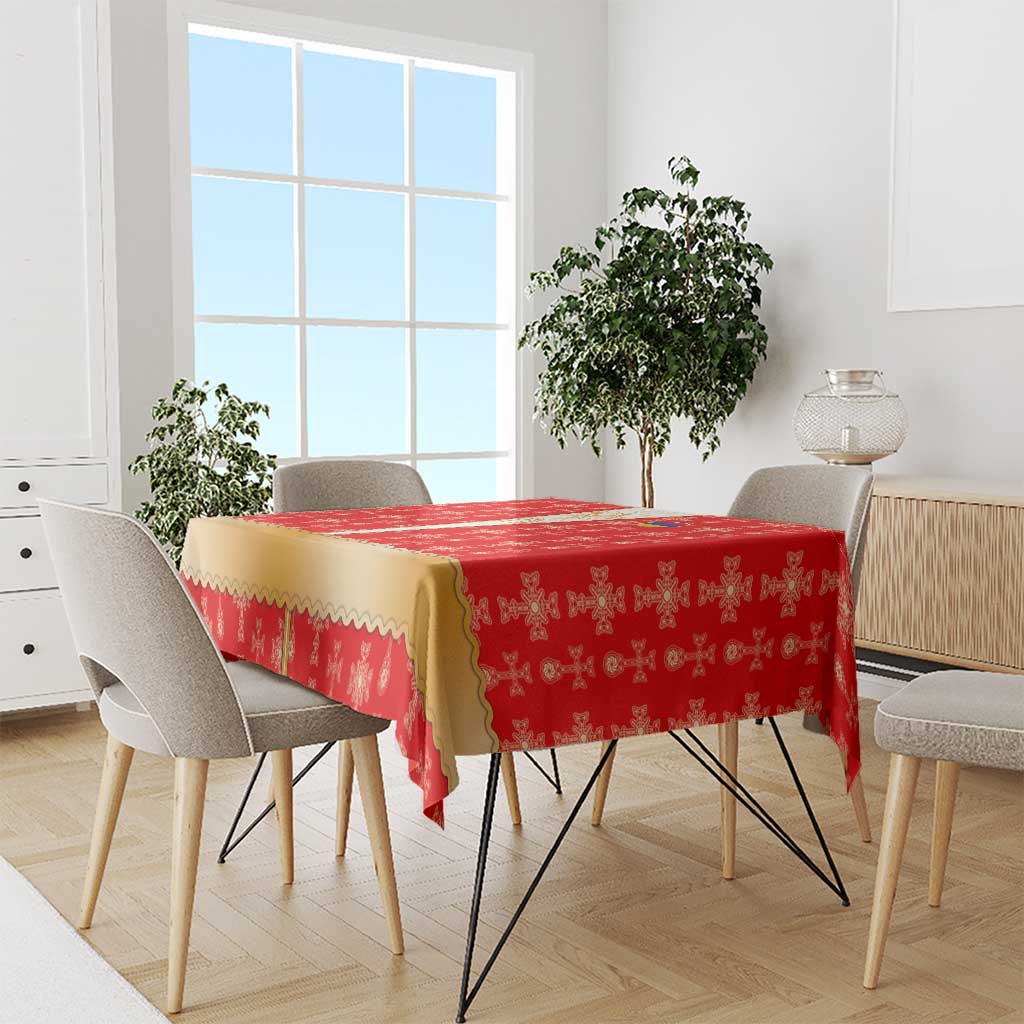 Armenian Traditional Red Tablecloth with Gold Cross Pattern and Flag Crest - Wonder Print Shop